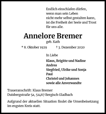 Anzeige von Annelore Bremer von Kölner Stadt-Anzeiger / Kölnische Rundschau / Express