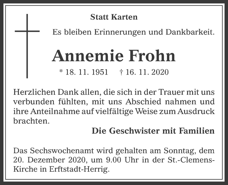  Traueranzeige für Annemie Frohn vom 11.12.2020 aus  Werbepost 