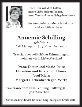 Anzeige von Annemie Schilling von  Wochenende 
