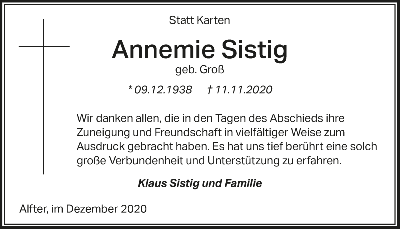  Traueranzeige für Annemie Sistig vom 28.12.2020 aus  Schaufenster/Blickpunkt 