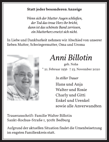 Anzeige von Anni Billotin von  Wochenende 