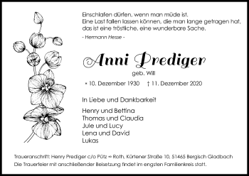 Anzeige von Anni Prediger von Kölner Stadt-Anzeiger / Kölnische Rundschau / Express
