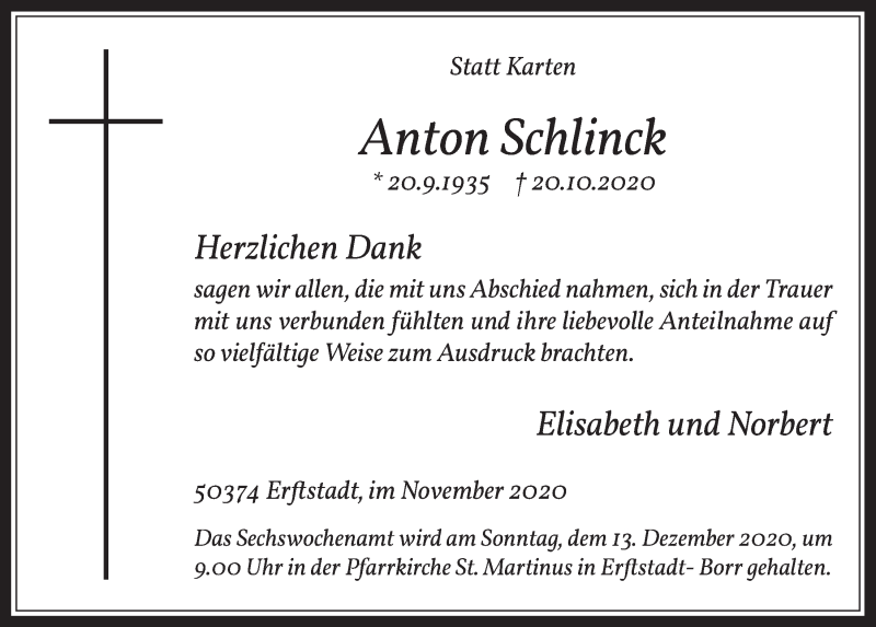  Traueranzeige für Anton Schlinck vom 04.12.2020 aus  Werbepost 
