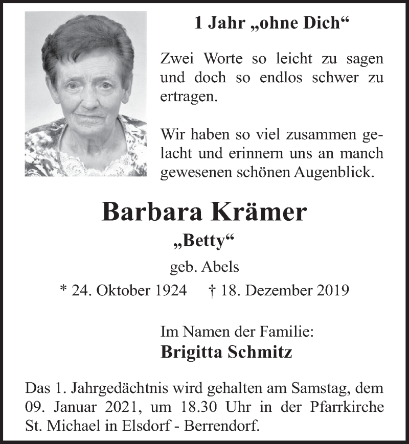  Traueranzeige für Barbara Krämer vom 18.12.2020 aus  Werbepost 
