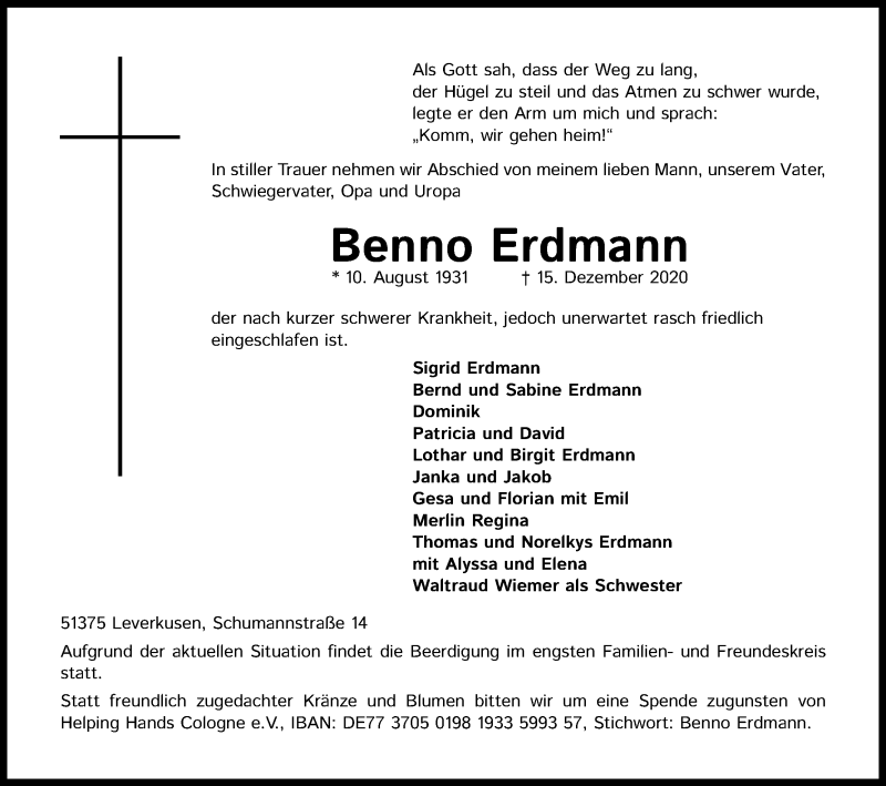  Traueranzeige für Benno Erdmann vom 28.12.2020 aus Kölner Stadt-Anzeiger / Kölnische Rundschau / Express