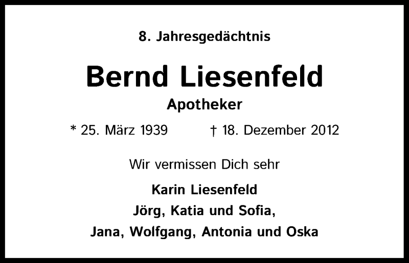  Traueranzeige für Bernd Liesenfeld vom 18.07.2023 aus Kölner Stadt-Anzeiger / Kölnische Rundschau / Express