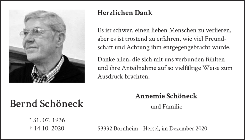  Traueranzeige für Bernd Schöneck vom 04.12.2020 aus  Schaufenster/Blickpunkt 
