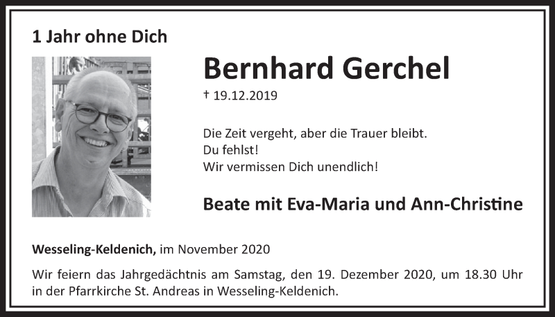  Traueranzeige für Bernhard Gerchel vom 11.12.2020 aus  Schlossbote/Werbekurier 