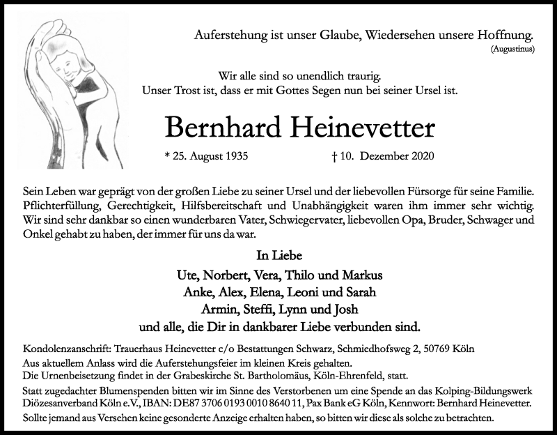  Traueranzeige für Bernhard Heinevetter vom 19.12.2020 aus Kölner Stadt-Anzeiger / Kölnische Rundschau / Express