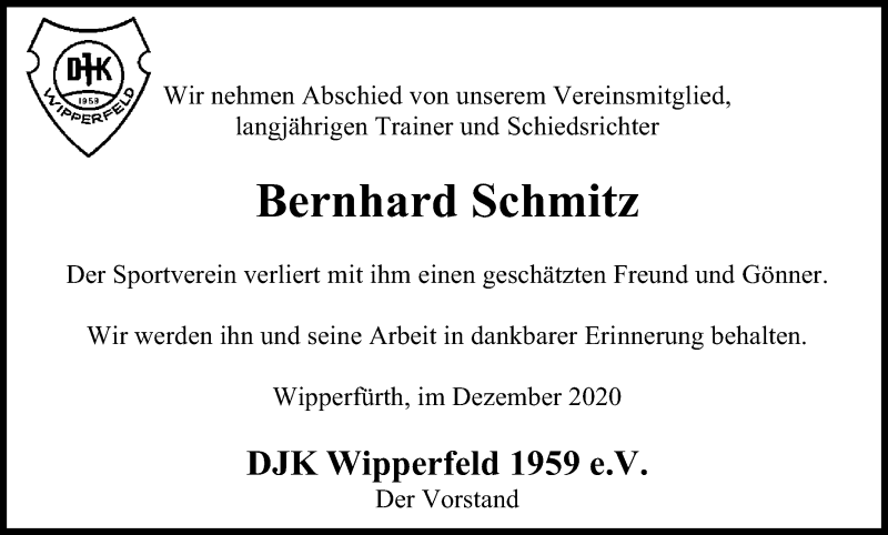  Traueranzeige für Bernhard Schmitz vom 18.12.2020 aus Kölner Stadt-Anzeiger / Kölnische Rundschau / Express