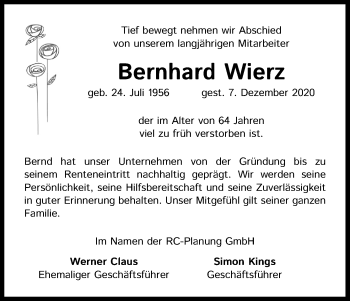 Anzeige von Bernhard Wierz von Kölner Stadt-Anzeiger / Kölnische Rundschau / Express