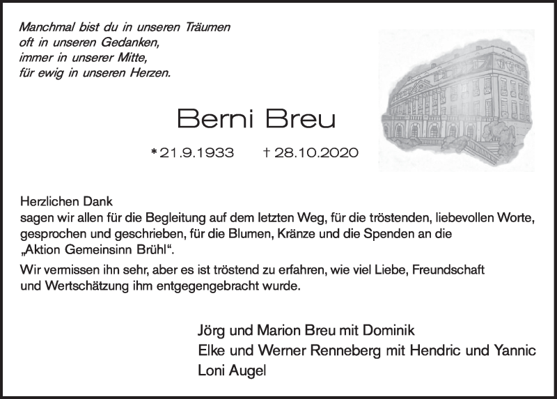  Traueranzeige für Berni Breu vom 18.07.2023 aus  Schlossbote/Werbekurier 