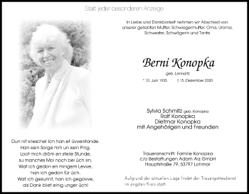 Anzeige von Berni Konopka von Kölner Stadt-Anzeiger / Kölnische Rundschau / Express