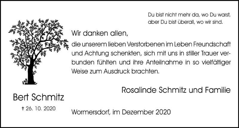  Traueranzeige für Bert Schmitz vom 04.12.2020 aus  Schaufenster/Blickpunkt 