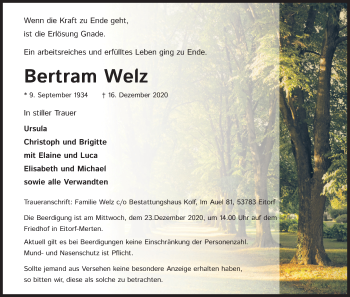 Anzeige von Bertram Welz von Kölner Stadt-Anzeiger / Kölnische Rundschau / Express