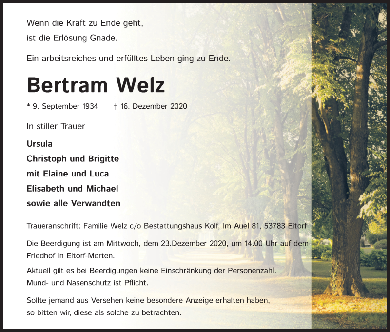  Traueranzeige für Bertram Welz vom 19.12.2020 aus Kölner Stadt-Anzeiger / Kölnische Rundschau / Express