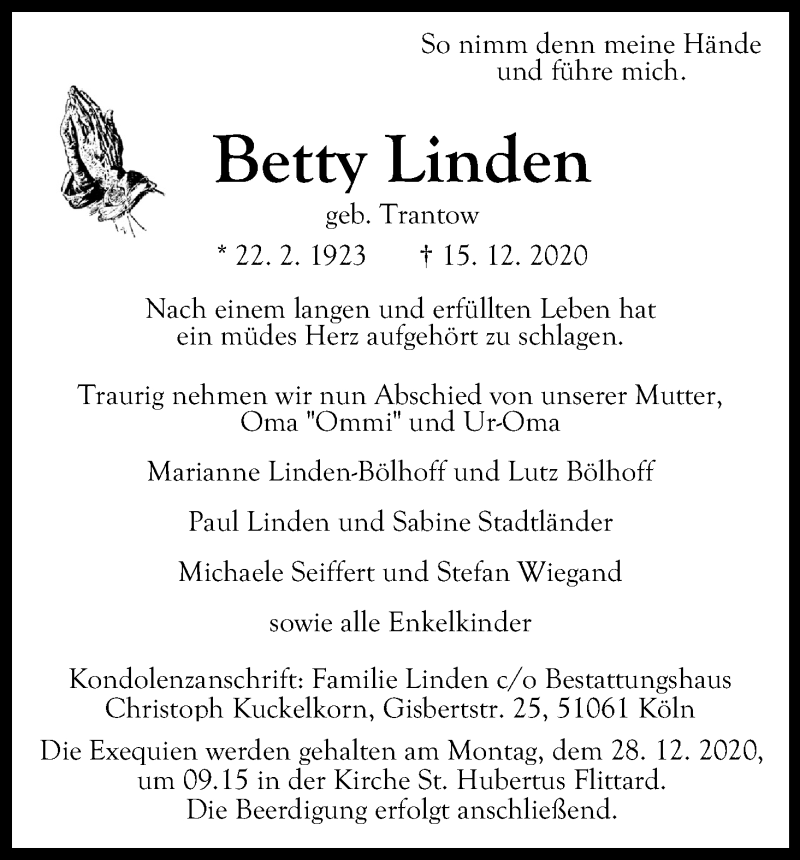  Traueranzeige für Betty Linden vom 19.12.2020 aus Kölner Stadt-Anzeiger / Kölnische Rundschau / Express