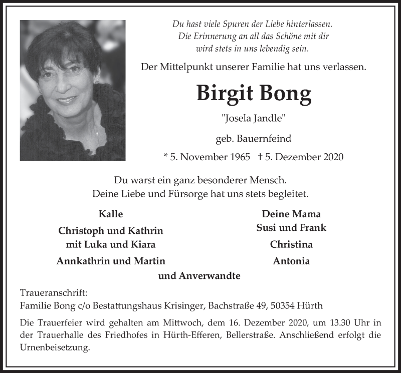  Traueranzeige für Birgit Bong vom 11.12.2020 aus  Wochenende 