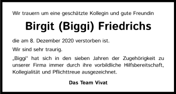 Anzeige von Birgit Friedrichs von Kölner Stadt-Anzeiger / Kölnische Rundschau / Express