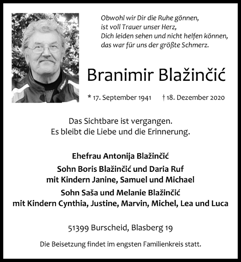  Traueranzeige für Branimir Blazincic vom 28.12.2020 aus  Lokale Informationen 