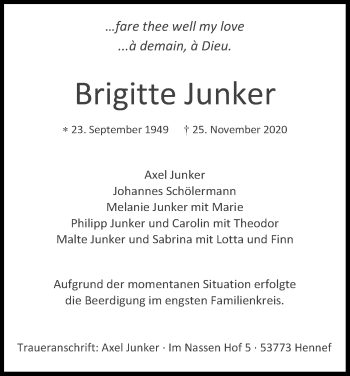 Anzeige von Brigitte Junker von Kölner Stadt-Anzeiger / Kölnische Rundschau / Express
