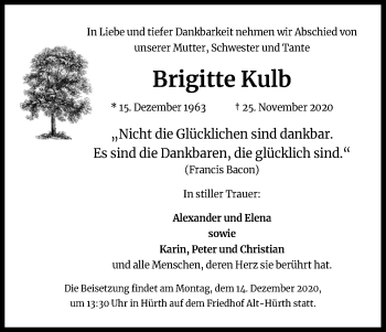 Anzeige von Brigitte Kulb von Kölner Stadt-Anzeiger / Kölnische Rundschau / Express