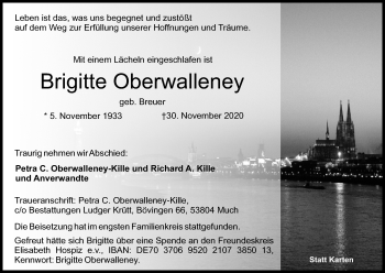 Anzeige von Brigitte Oberwalleney von Kölner Stadt-Anzeiger / Kölnische Rundschau / Express