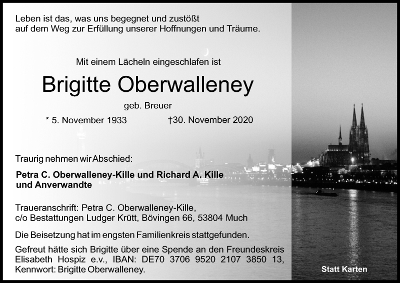  Traueranzeige für Brigitte Oberwalleney vom 12.12.2020 aus Kölner Stadt-Anzeiger / Kölnische Rundschau / Express