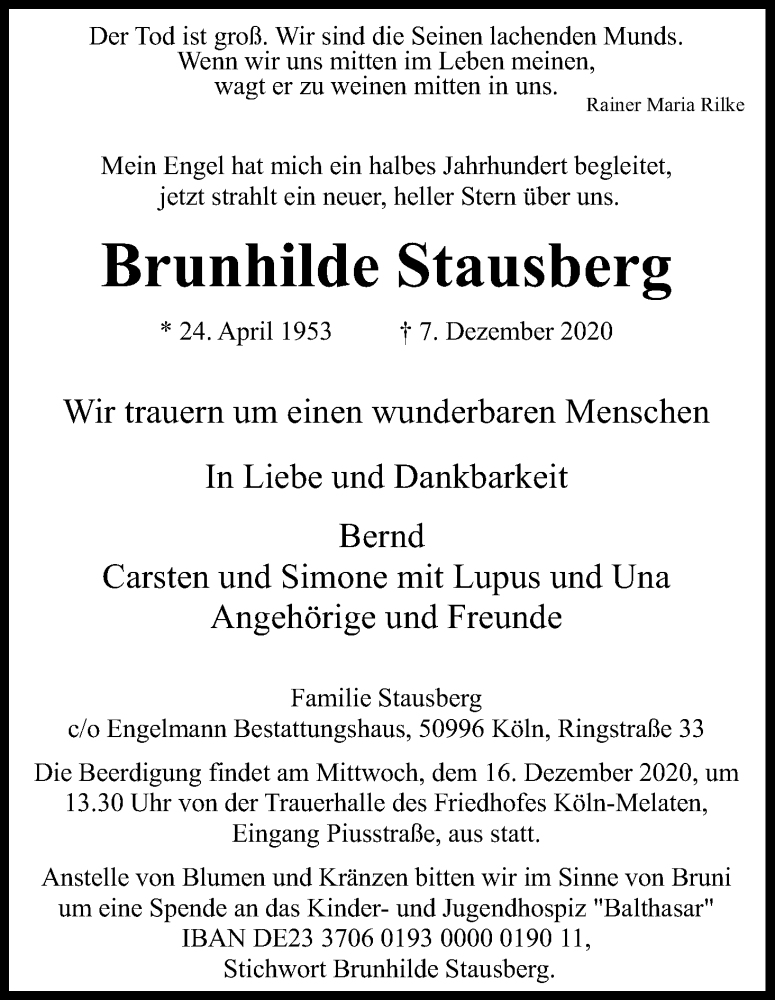  Traueranzeige für Brunhilde Stausberg vom 12.12.2020 aus Kölner Stadt-Anzeiger / Kölnische Rundschau / Express