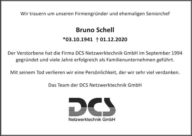  Traueranzeige für Bruno Schell vom 12.12.2020 aus Kölner Stadt-Anzeiger / Kölnische Rundschau / Express