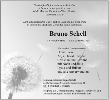 Anzeige von Bruno Schell von Kölner Stadt-Anzeiger / Kölnische Rundschau / Express