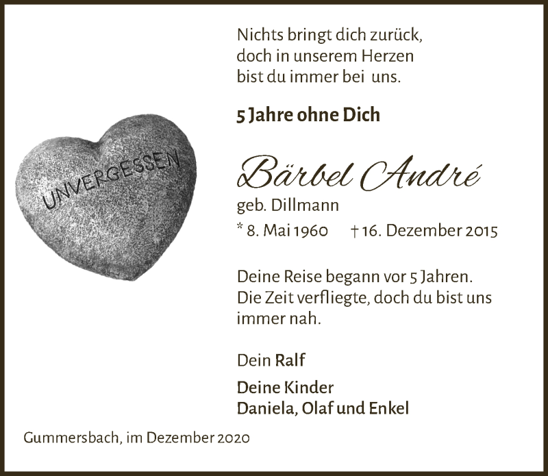  Traueranzeige für Bärbel André vom 18.12.2020 aus  Anzeigen Echo 
