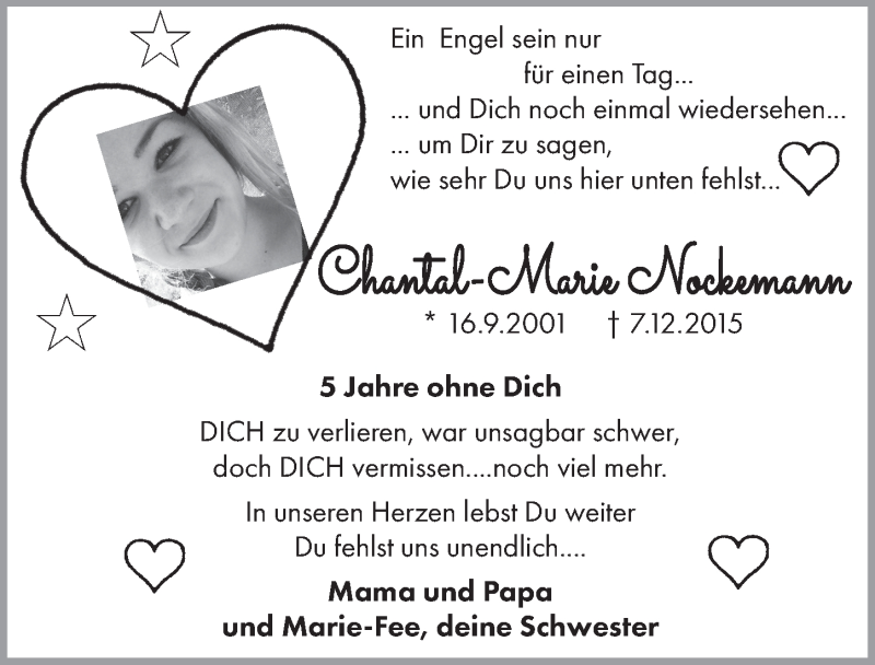  Traueranzeige für Chantal-Marie Nockemann vom 04.12.2020 aus  Anzeigen Echo 