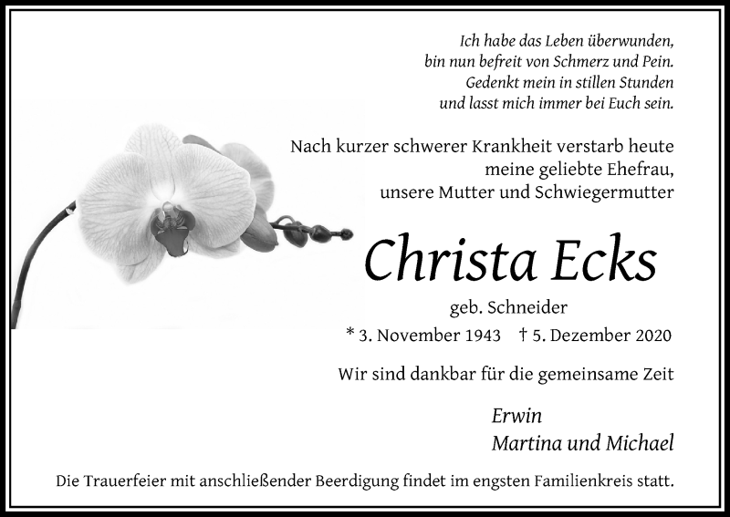  Traueranzeige für Christa Ecks vom 12.12.2020 aus Kölner Stadt-Anzeiger / Kölnische Rundschau / Express