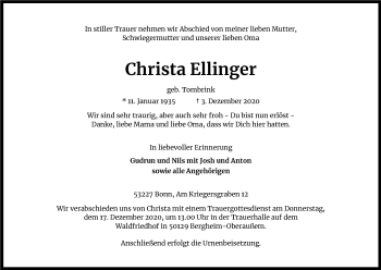 Anzeige von Christa Ellinger von Kölner Stadt-Anzeiger / Kölnische Rundschau / Express
