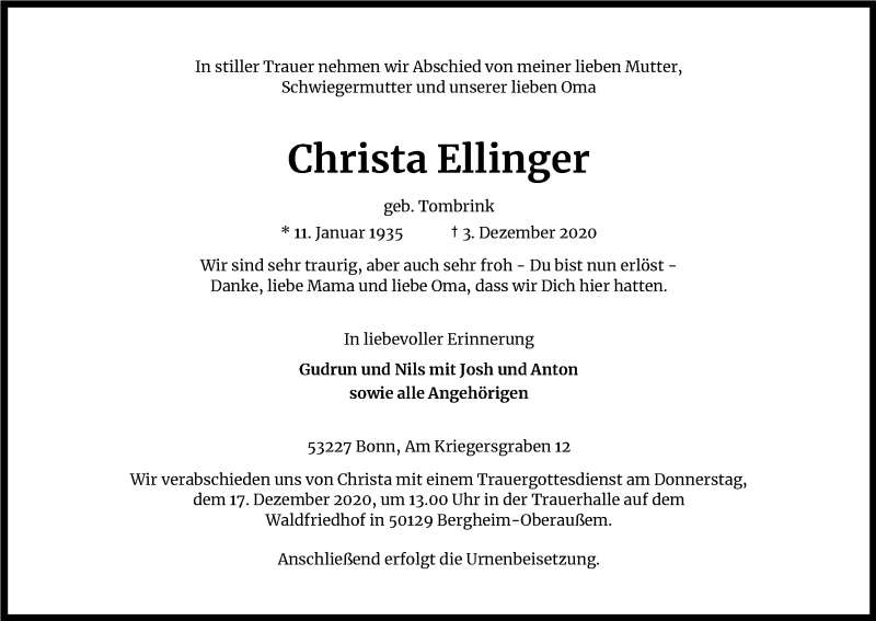  Traueranzeige für Christa Ellinger vom 12.12.2020 aus Kölner Stadt-Anzeiger / Kölnische Rundschau / Express