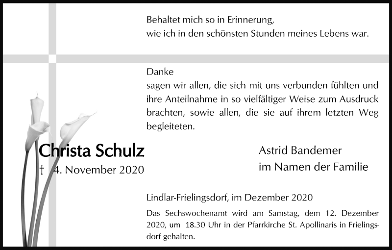  Traueranzeige für Christa Schulz vom 12.12.2020 aus Kölner Stadt-Anzeiger / Kölnische Rundschau / Express