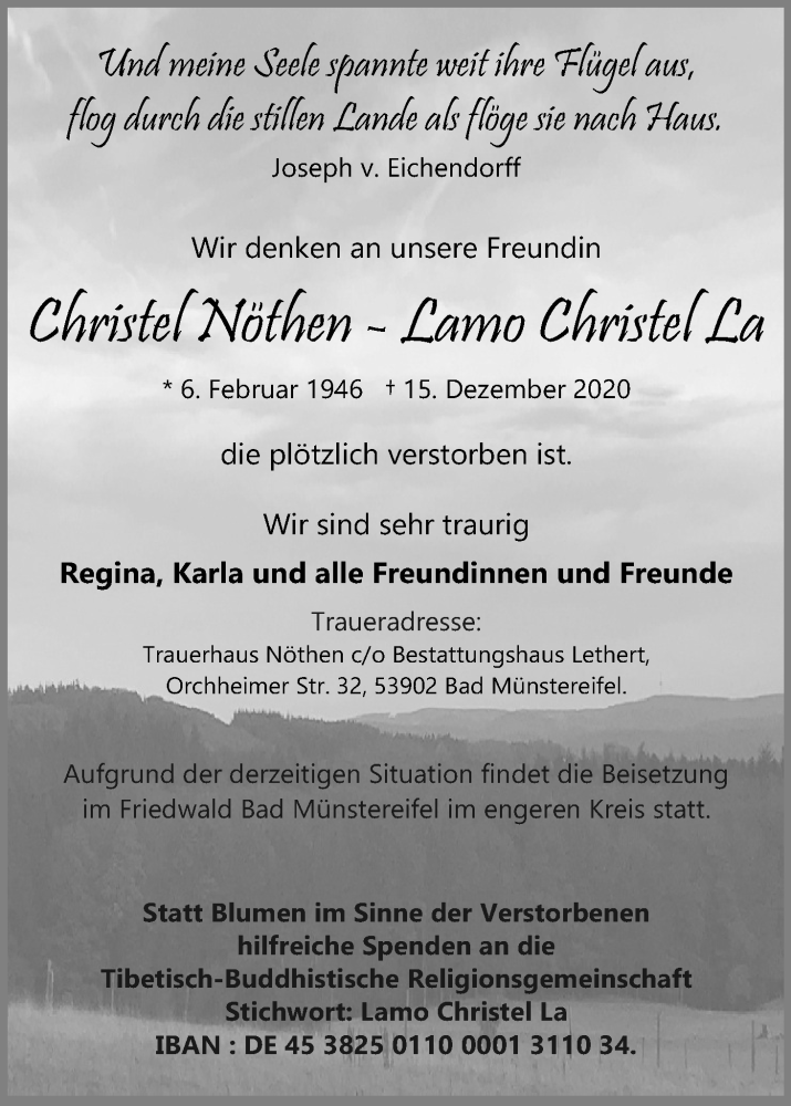  Traueranzeige für Christel Nöthen - Lamo Christel La vom 24.12.2020 aus Kölner Stadt-Anzeiger / Kölnische Rundschau / Express
