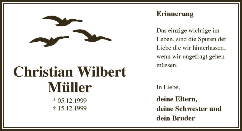  Traueranzeige für Christian Wilbert Müller vom 18.07.2023 aus  Bergisches Handelsblatt 