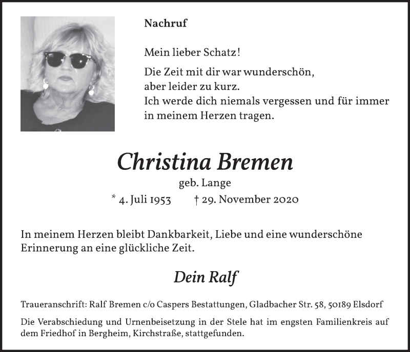  Traueranzeige für Christina Bremen vom 18.12.2020 aus  Werbepost 