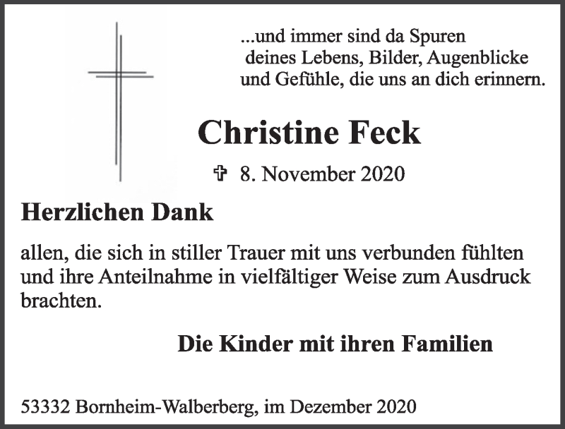 Traueranzeige für Christine Feck vom 04.12.2020 aus  Schlossbote/Werbekurier 