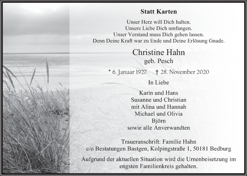  Traueranzeige für Christine Hahn vom 04.12.2020 aus  Werbepost 