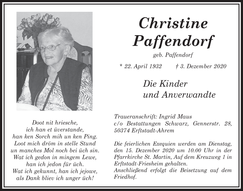  Traueranzeige für Christine Paffendorf vom 11.12.2020 aus  Werbepost 