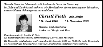Anzeige von Christl Fieth von Kölner Stadt-Anzeiger / Kölnische Rundschau / Express