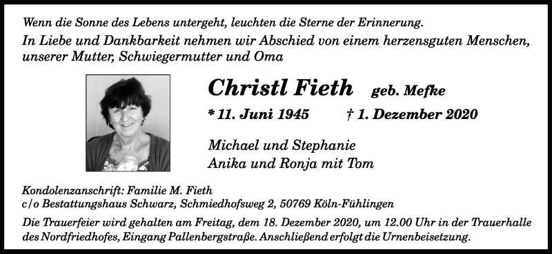  Traueranzeige für Christl Fieth vom 12.12.2020 aus Kölner Stadt-Anzeiger / Kölnische Rundschau / Express