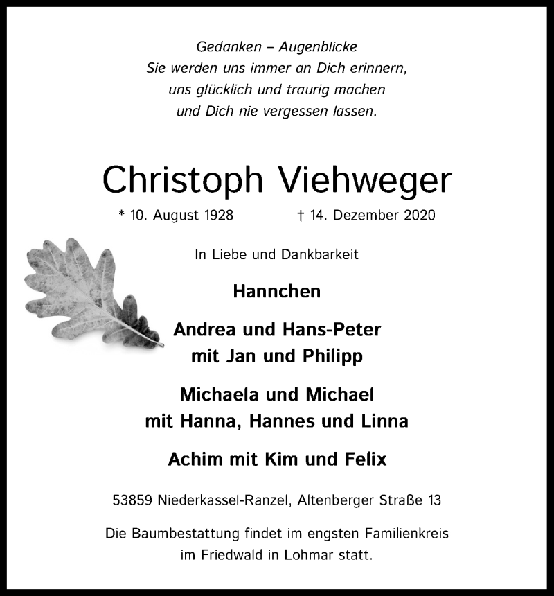  Traueranzeige für Christoph Viehweger vom 19.12.2020 aus Kölner Stadt-Anzeiger / Kölnische Rundschau / Express