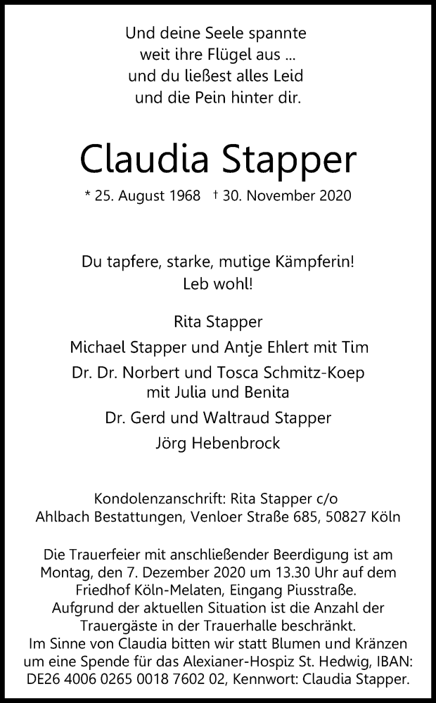  Traueranzeige für Claudia Stapper vom 05.12.2020 aus Kölner Stadt-Anzeiger / Kölnische Rundschau / Express