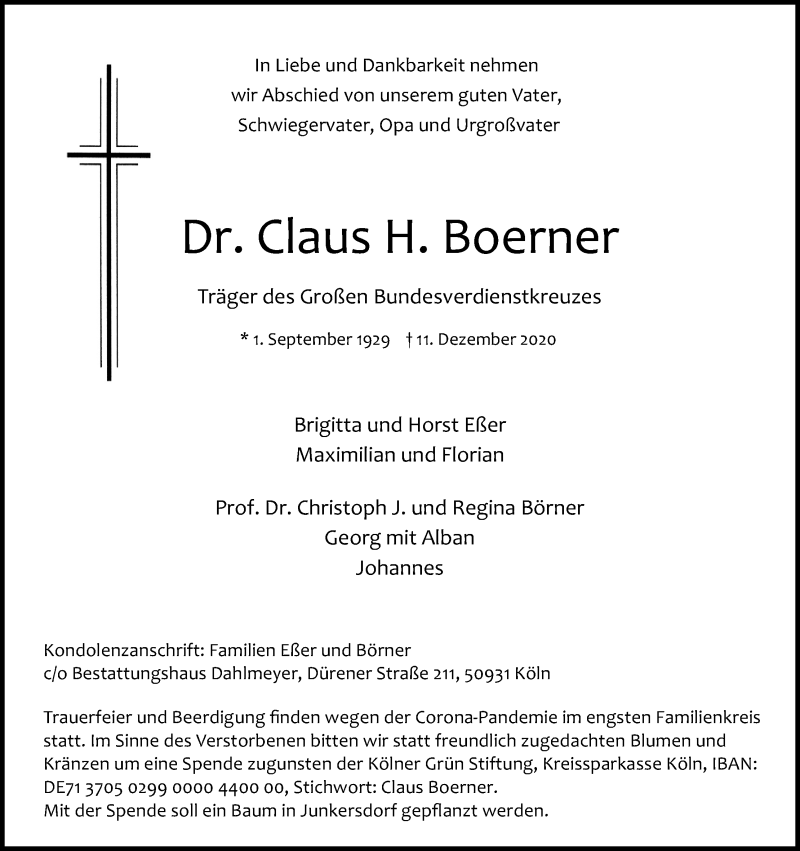  Traueranzeige für Claus H. Boerner vom 19.12.2020 aus Kölner Stadt-Anzeiger / Kölnische Rundschau / Express