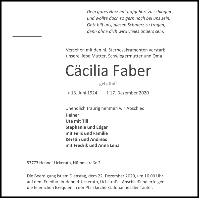  Traueranzeige für Cäcilia Faber vom 19.12.2020 aus Kölner Stadt-Anzeiger / Kölnische Rundschau / Express