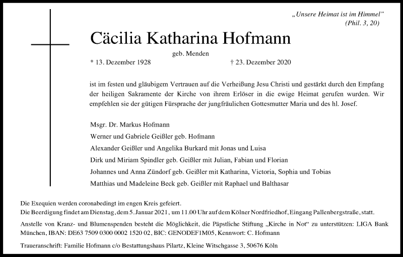  Traueranzeige für Cäcilia Katharina Hofmann vom 31.12.2020 aus Kölner Stadt-Anzeiger / Kölnische Rundschau / Express